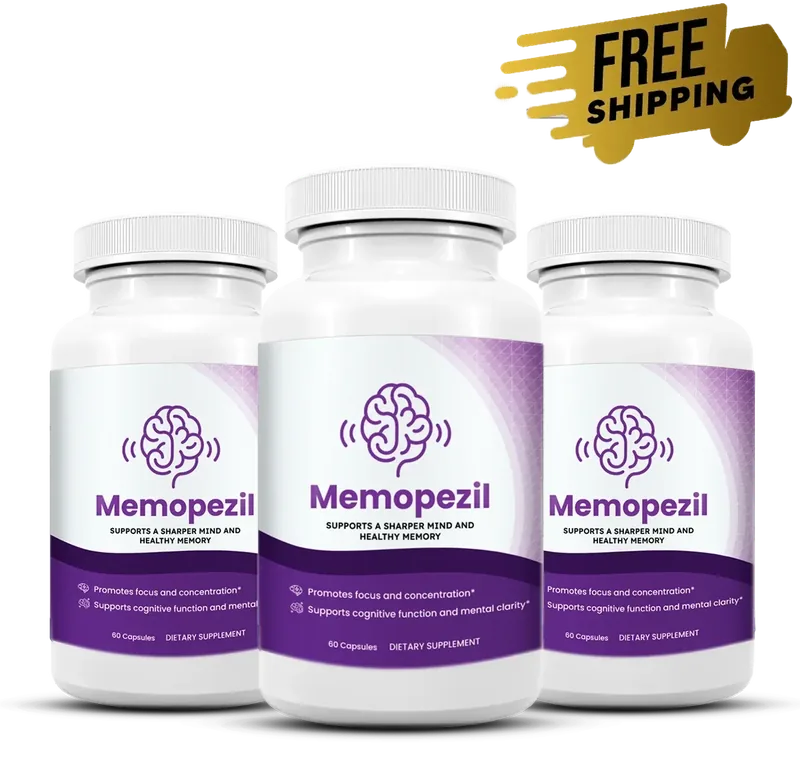 Three white Memopezil capsule bottles with a free shipping ribbon