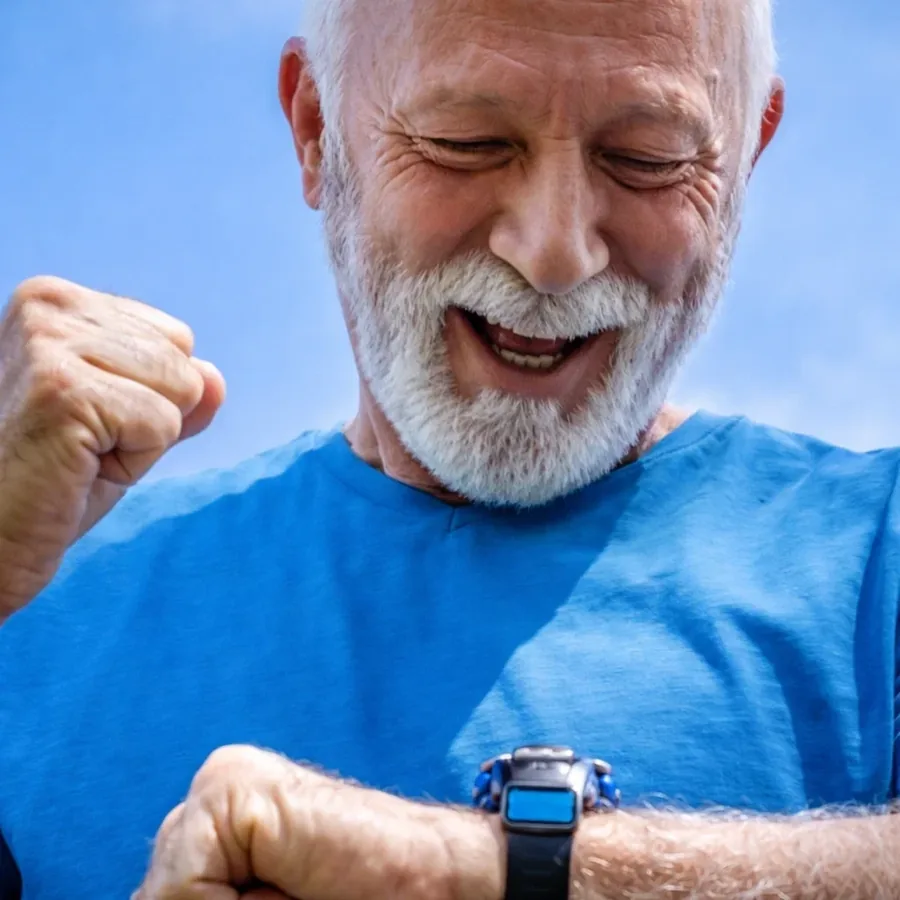 A smiling older man with a raised fist and a watch