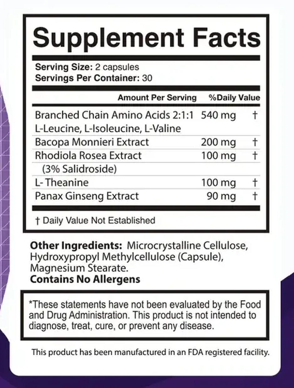 The Memopezil Supplement Facts panel: serving size 2 capsules, 30 servings, BCAA 540 mg, bacopa 200 mg, rhodiola 100 mg, L-theanine 100 mg, Panax ginseng 90 mg