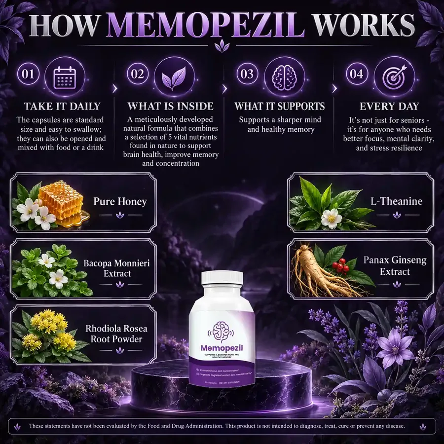A purple infographic titled How Memopezil works with four steps