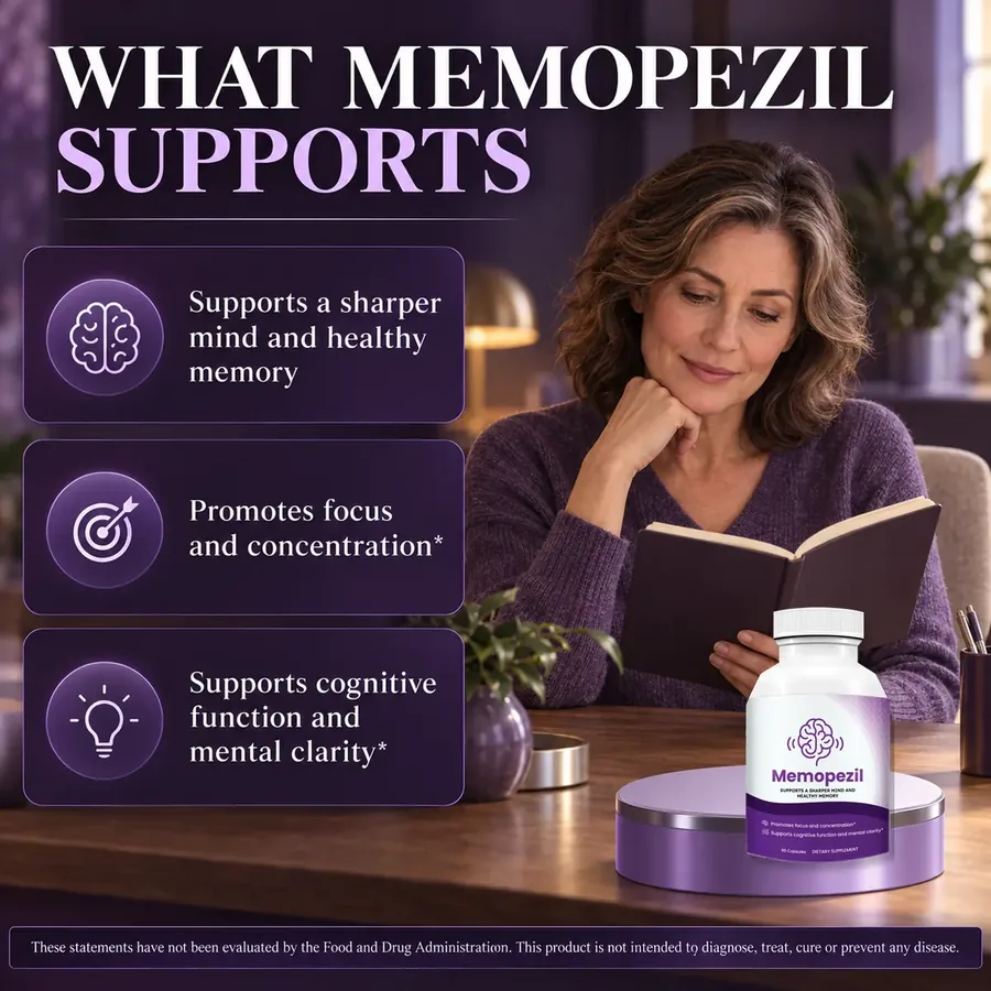 A purple graphic titled What Memopezil supports with a woman reading