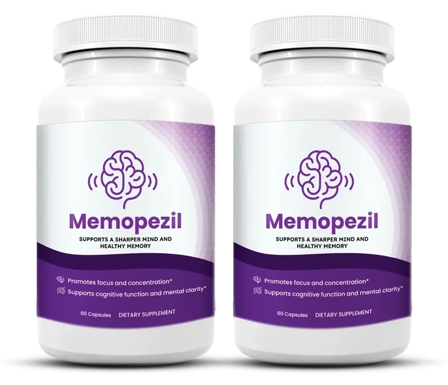 2 white Memopezil capsule bottles with the violet label