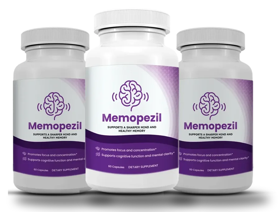 3 white Memopezil capsule bottles with the violet label