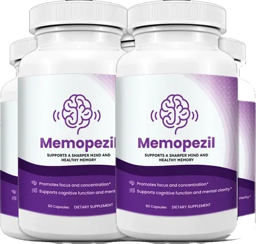 6 white Memopezil capsule bottles with the violet label