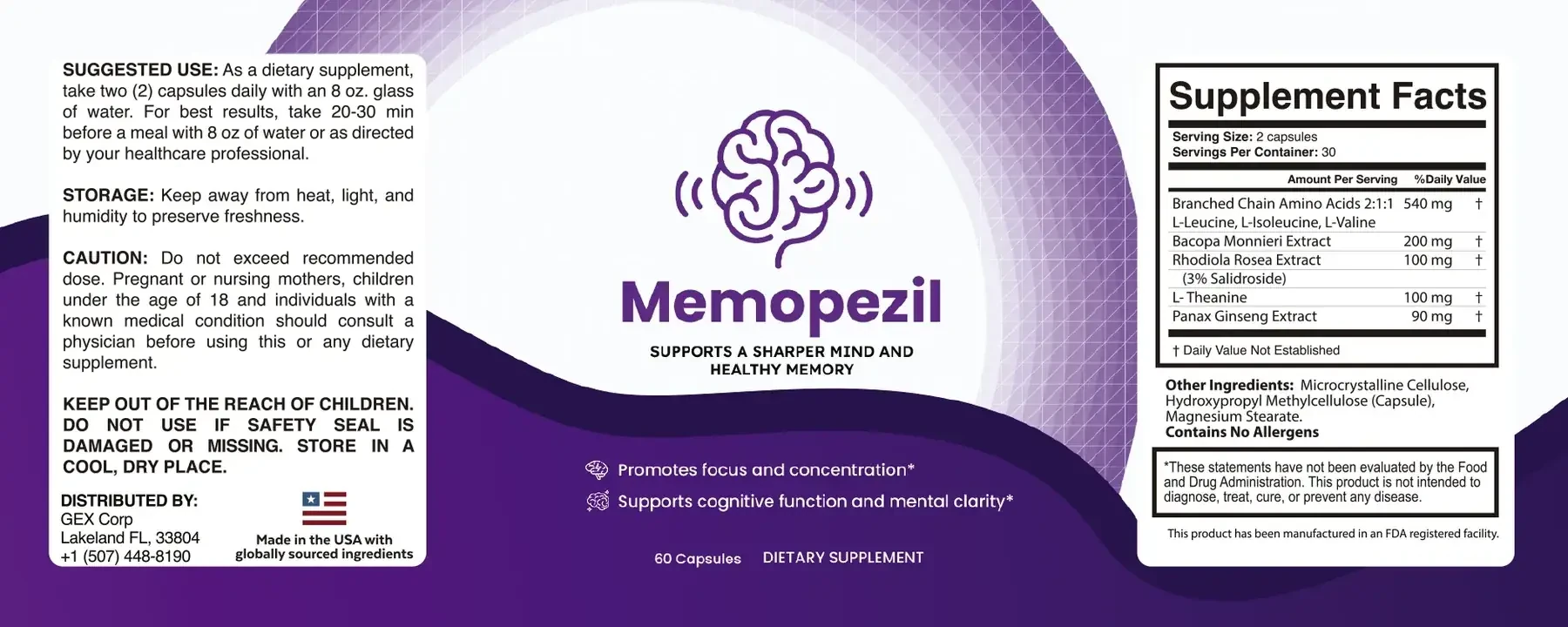 The flat Memopezil label with the Supplement Facts panel on the right
