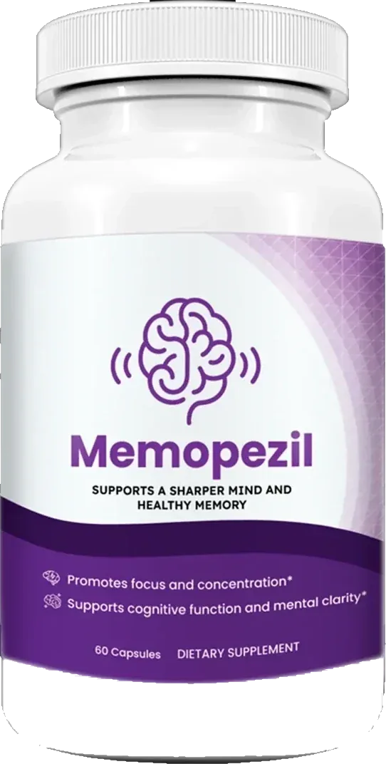 A white Memopezil capsule bottle with a violet label